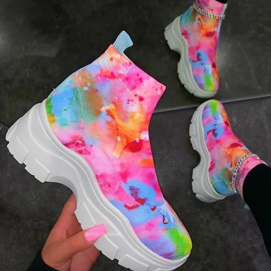 

Tie-dye High Top Casual Sneakers Breathable Stretch Colorful Women's Thick Bottom Sports Running Shoes, 4colors