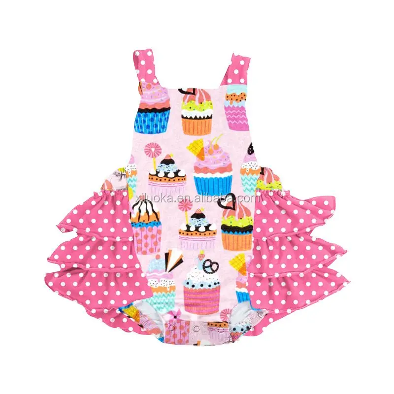 

High Quality Boutique Toddler Clothes Cupcake Print Baby Clothing Ruffle Romper, Picture