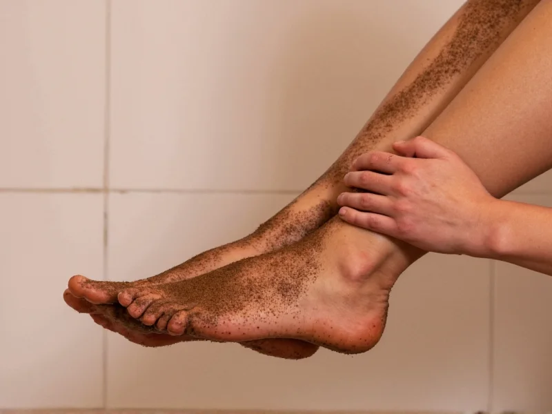 Coffee grounds body scrub application on legs in shower