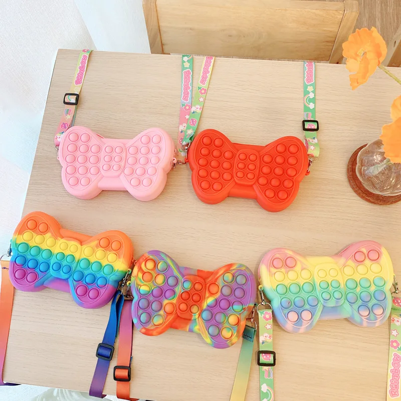 

girls cute chain bow-knot pop it purse crossbody silicone kawaii butterfly bow knot pop it purse and handbags for kid woman, Multi color or oem