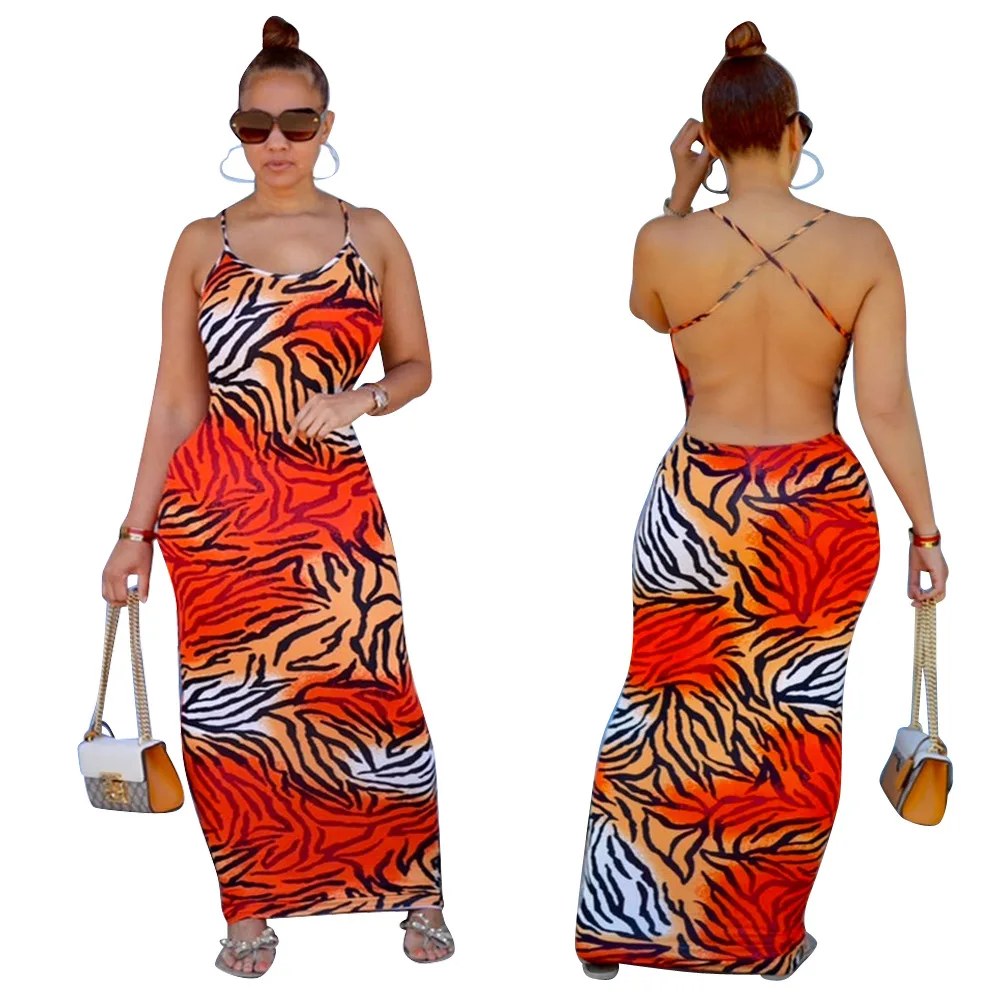 

C0402TA39 New Arrival Sexy Halter Backless Tiger Print Bodycon Dresses Women Sehe Fashion