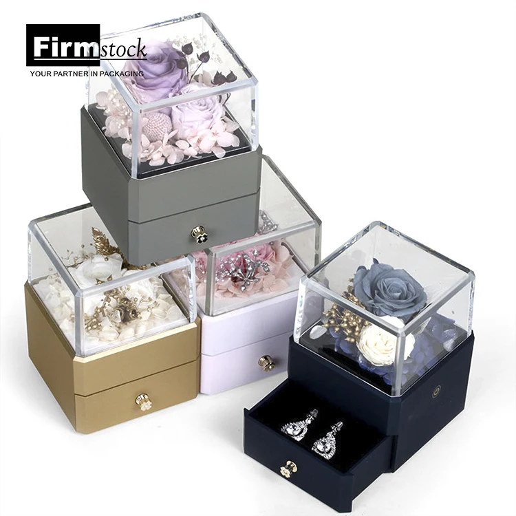 

Forever Rose Luxury Drawer LED Factory Wholesale Flowers Real Natural Preserved Glass Perfect Gifts Eternal Roses Box, Pink