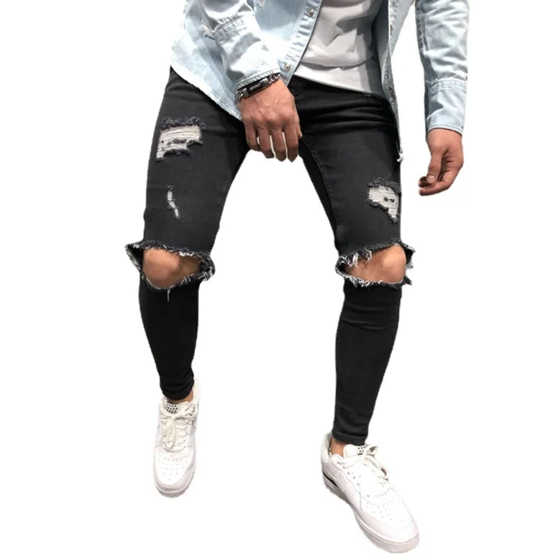 Wholesale Custom Logo Men's Mid Waist Woven Denim Straight Casual Distressed Ripped Hole Jeans for Men