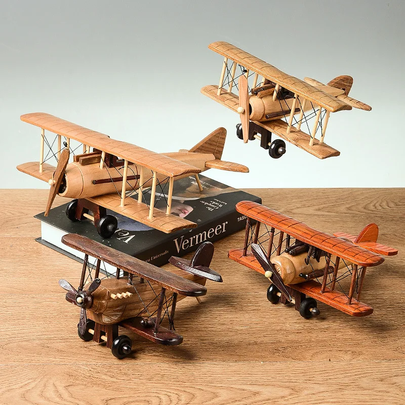 

European retro nostalgic wooden aircraft ornaments creative home desktop airplane model decoration handmade wood art craft