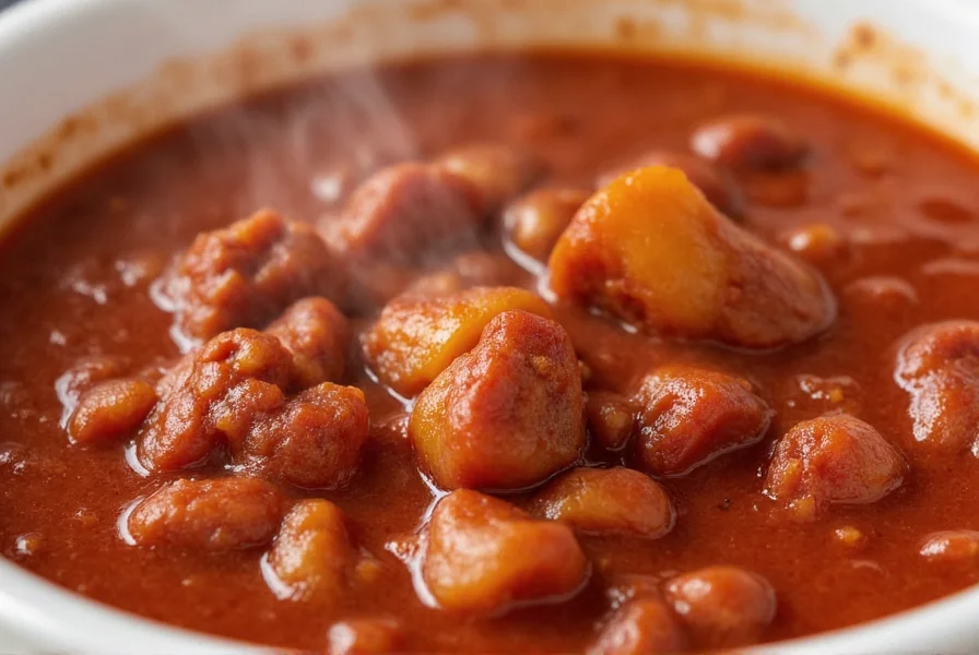 Close-up of Campbell's Chunky Homestyle Beef chili in a white bowl with steam rising, showing visible meat chunks and rich red color