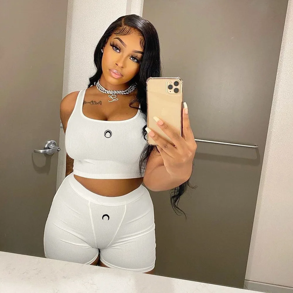 

2022 Summer fashion two piece pants set club outfit Print Half Moon Fitness Tank Top Tight Shorts Women 2 Piece Sports Gym Set