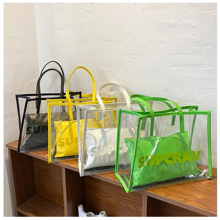 

Summer Luxury Bags Women Handbags Ladies Jelly Purse Large Clear PVC Beach Tote Hand Bag Leather Straps