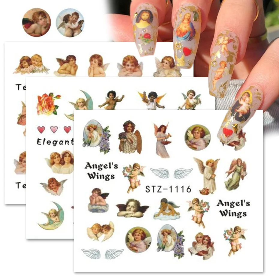 

Water Transfer Nail Sticker Decals Baby Angel Love Cupid Flower Heart Nail Art Angel Stickers for Valentine DIY Nail Design, Mixed colors