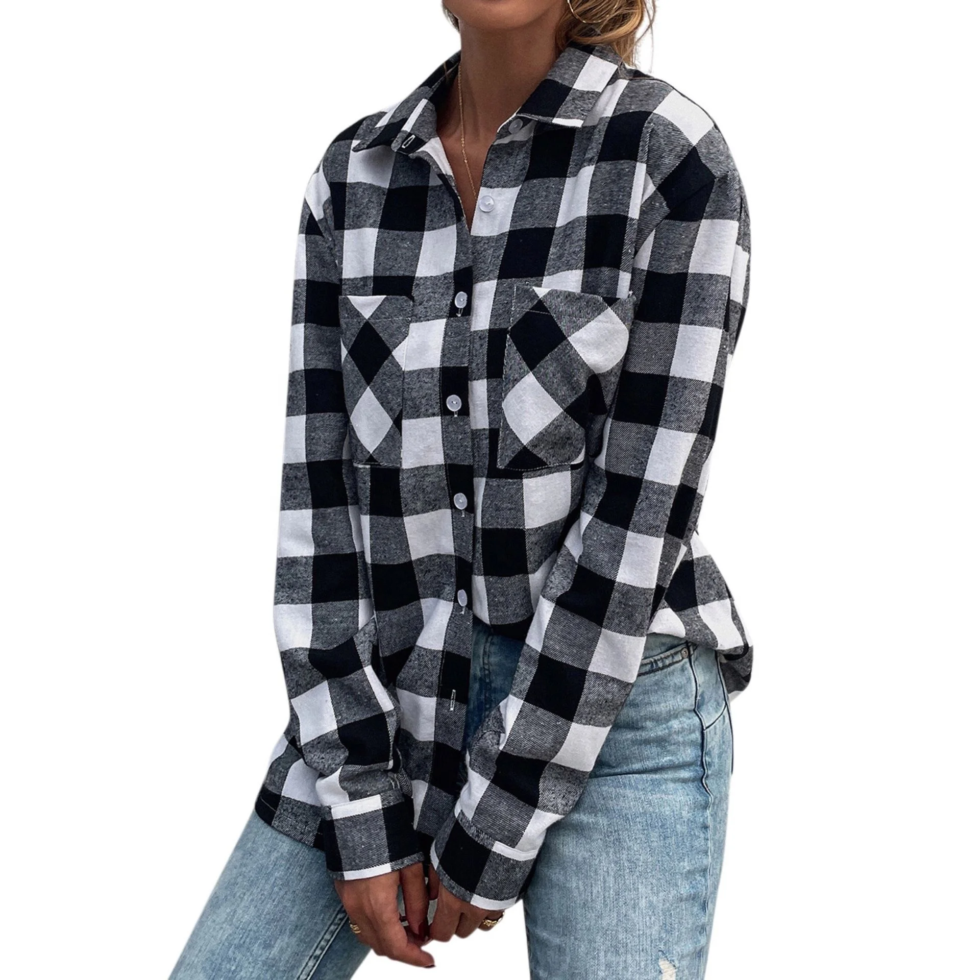 

Free Shipping T610 Autumn Women Vintage Plaid Oversized Long Sleeve Turn-Down Collar Spring Shirts All-match Button Up Casual