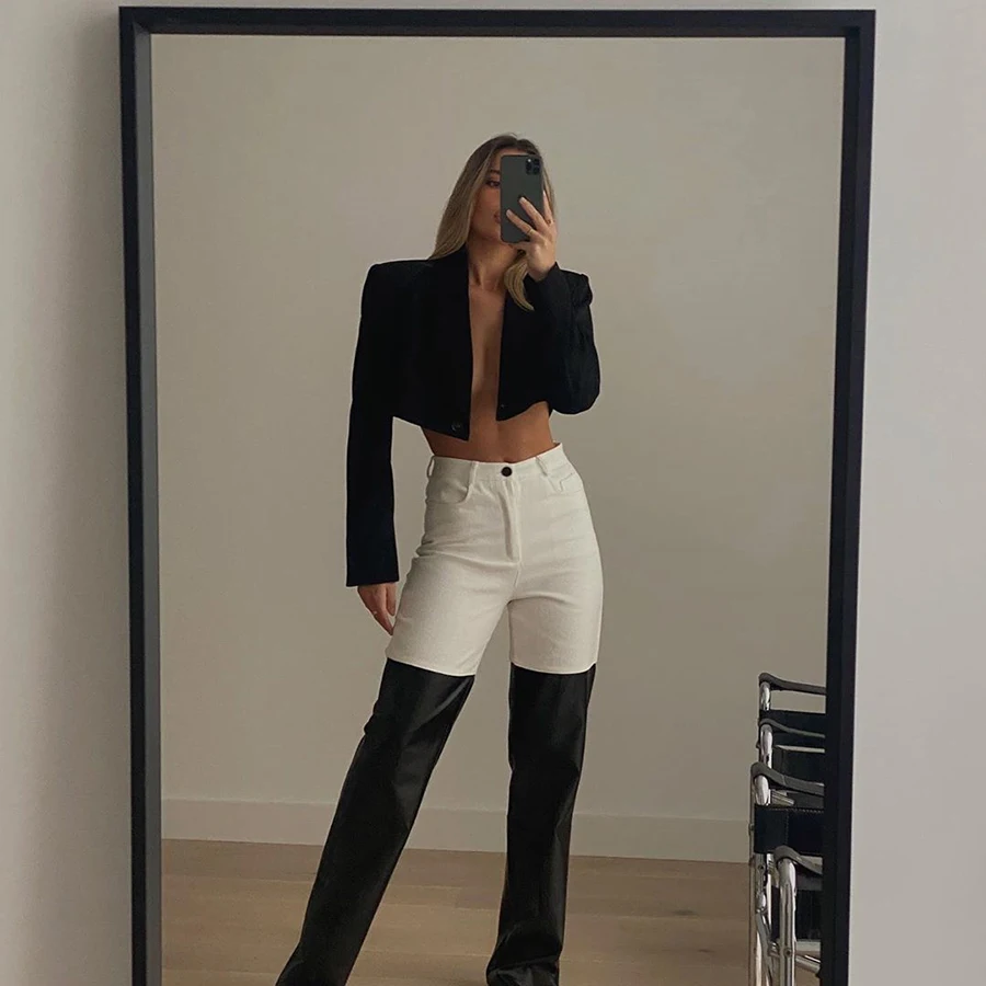 

Nibber K20P09674 Straight High Waist Pants Chic Leather Denim Patchwork Loose Pocket Vintage Casual Streetwear Slim Trousers