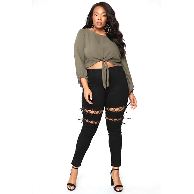 

Newest black design sexy hole style plus size skinny jeans pants for women