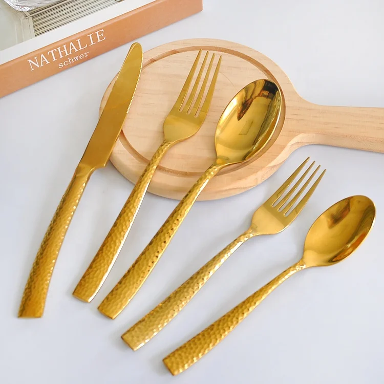 

Wholesale Tableware Vintage Embossed stainless steel gold wedding flatware set including knife fork and spoon, Gold/silver/rose gold