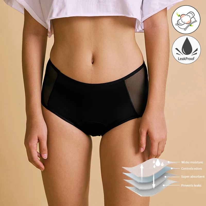 

Protective Wear Period Underwear Organic 4-Layers Menstrual Panties Pad Breathable Women Leak Proof Panties, Black