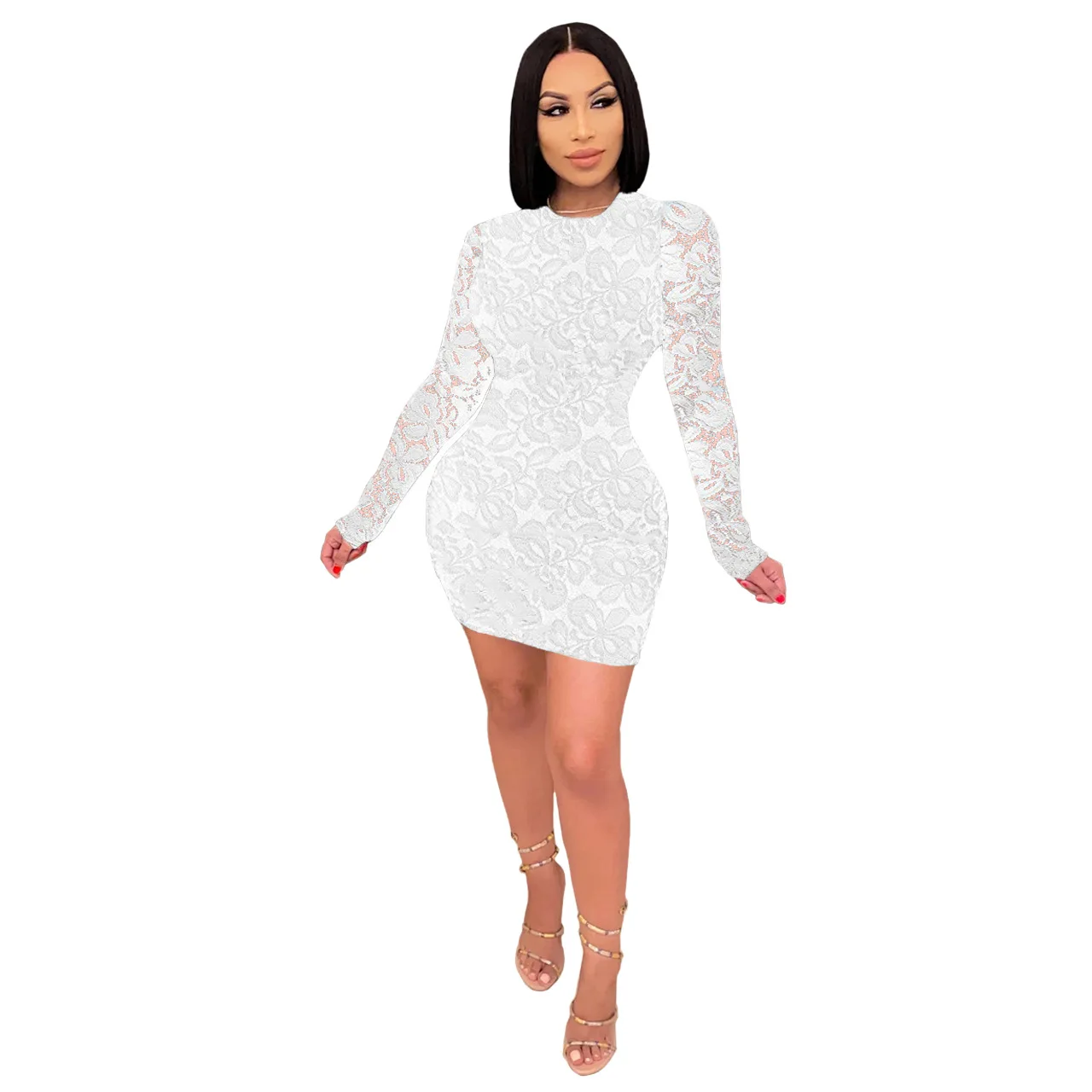 

2021 Round Neck Lace Sexy Long Sleeved Ladies Plus Size sexy bodycon dress