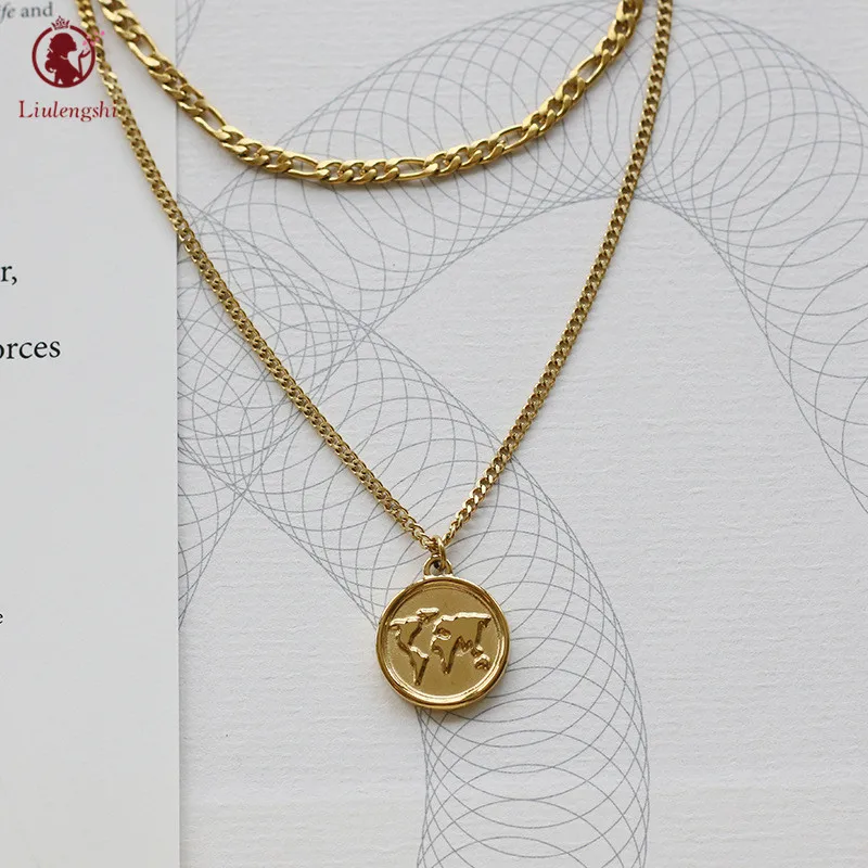 

Boutique Gold Plated Cuban Linked Necklace 316L Stainless Steel Embossed World Map Image Disc Pendant Necklace