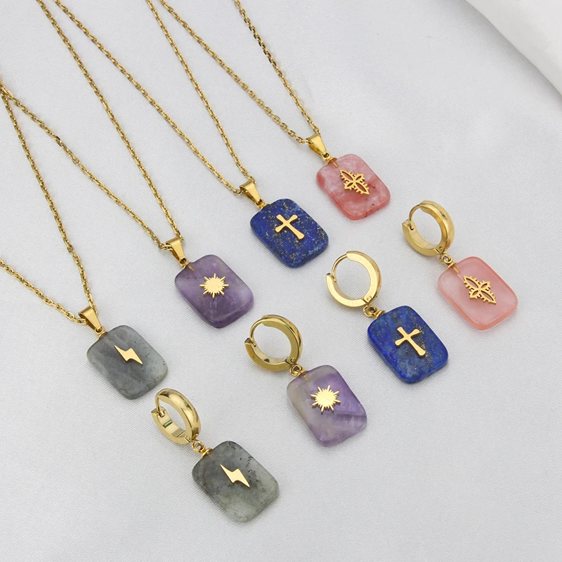 

New Design INS HOT Summer Color Stainless Steel With Natural Stone Pendant Necklace 18k Real Gold Plating Fashion Jewelry, Gold color