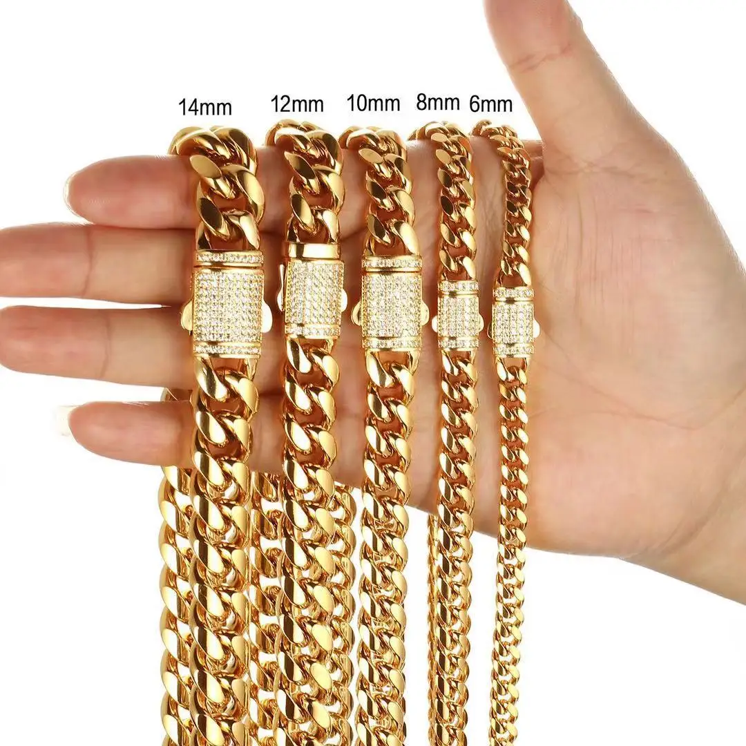 

6-14mm Width 18K Gold Plated Stainless Steel Iced Out Zircon Buckle Cuban Chain Necklace Miami Cuban Link Chain Necklaces
