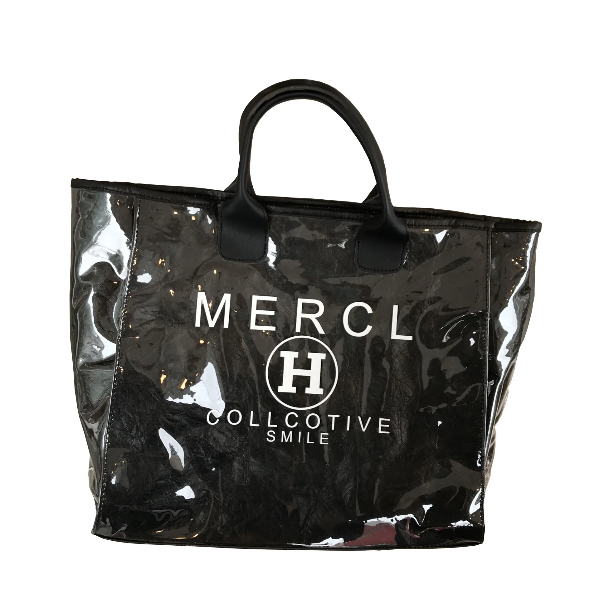 

New Letter Printing Shiny Black Vinyl PVC tote Bags, Brown/black/apricot/white