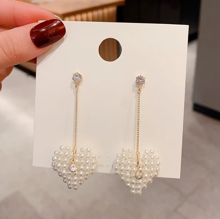 

New Pearl Tassel Love Earrings Simple Long Earrings S925 Silver Post Earrings Wholesale
