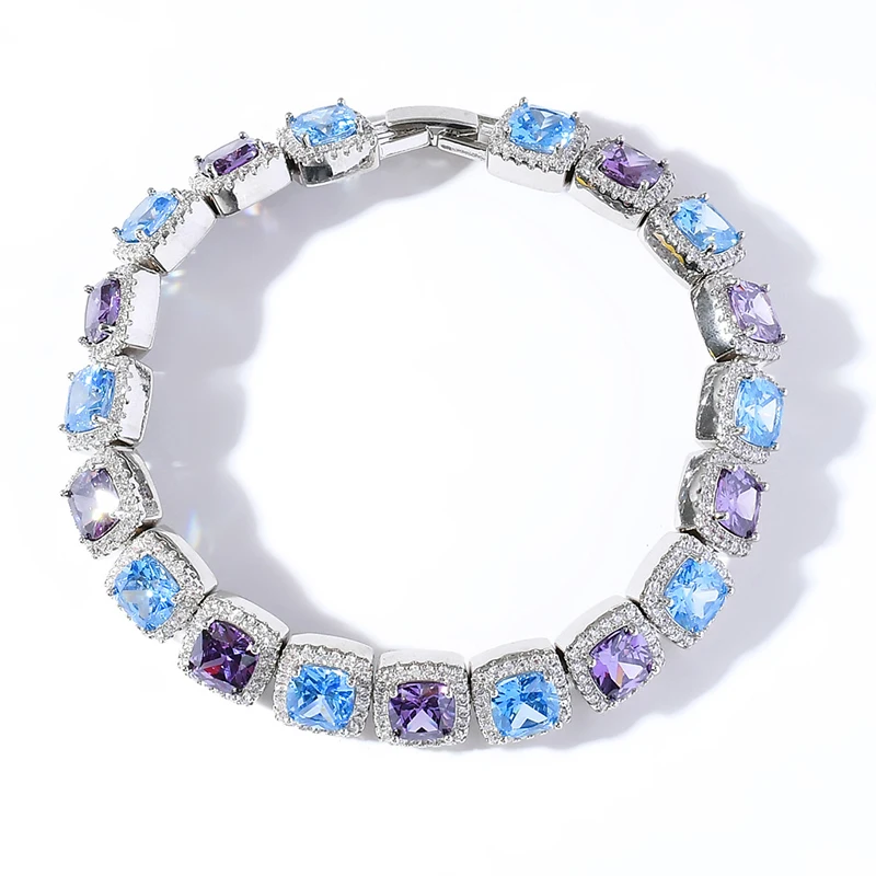 

Blues RTS New trendy 10mm white gold plating blue cz square tennis bracelet zircon