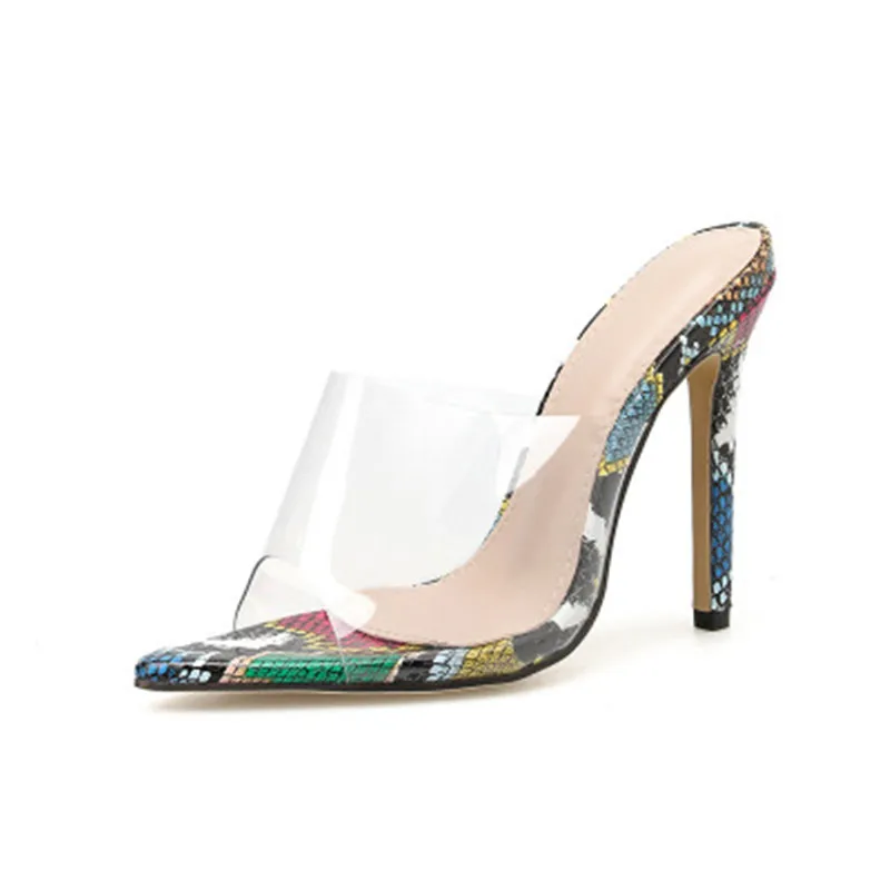 

2020 New Women Sexy Snake Pattern Sandals Women Shoes Transparent PVC Sandals Thin High Heels Slippers Summer Sandals