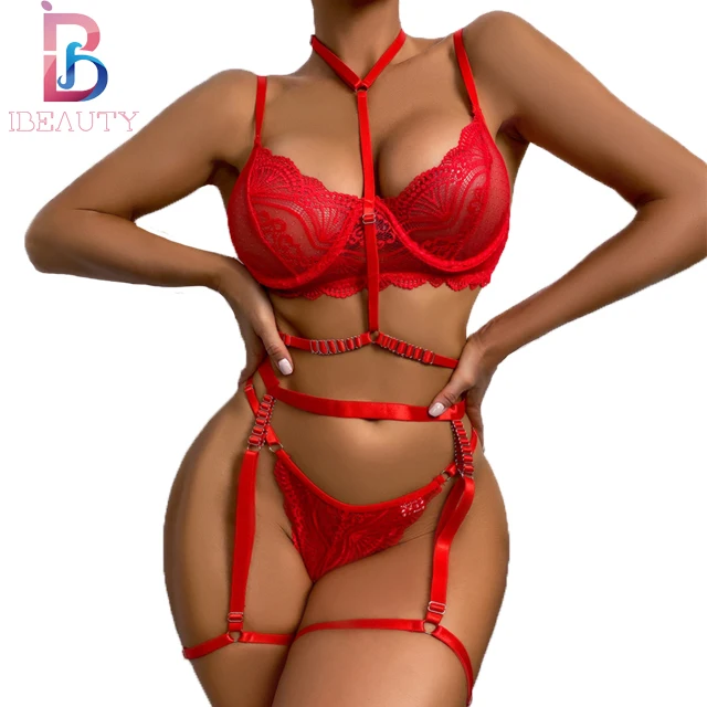 

Ibeauty 2022 New Arrival Cheapest Lingerie Bra Set Three-piece Set With Leg Loops Halter Valentines Sexy lingerie, Red