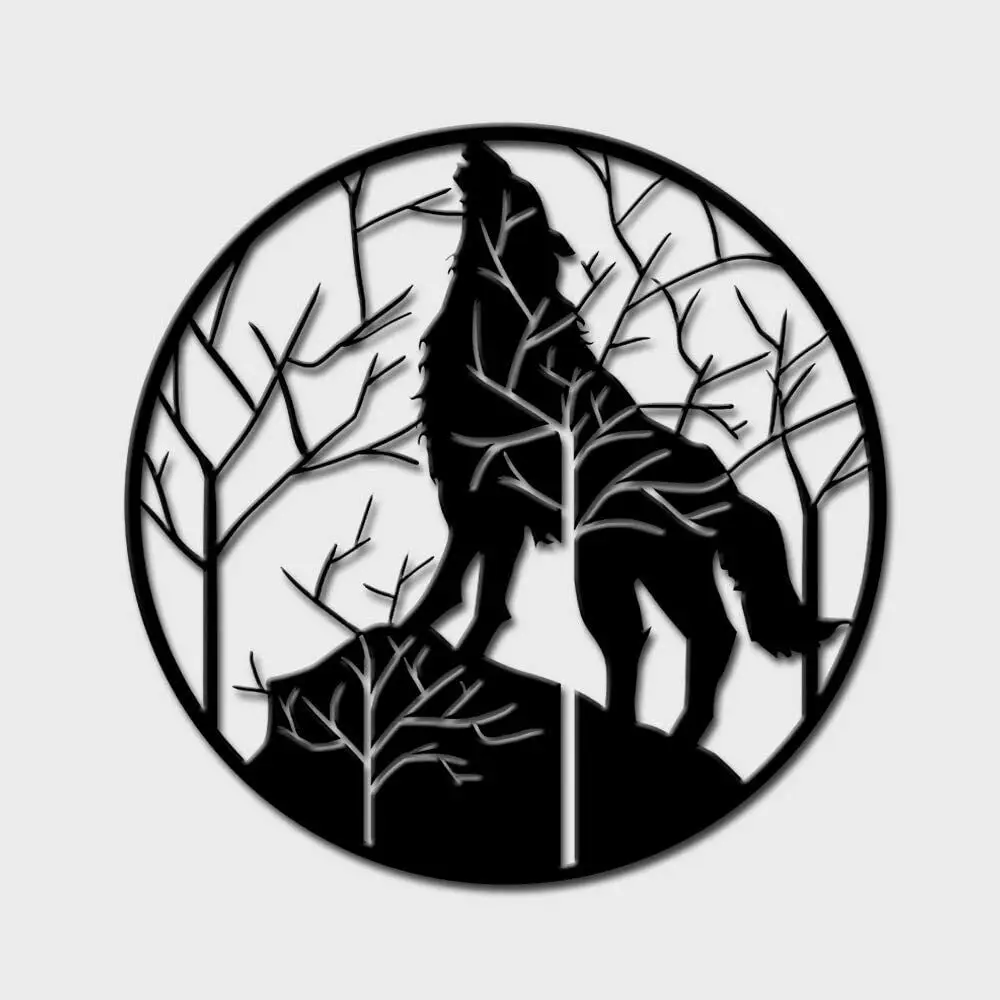 

Wolf Metal Wall Art Tree Mountain Wall Hanging Contemporary Artwork Sculpture, Black