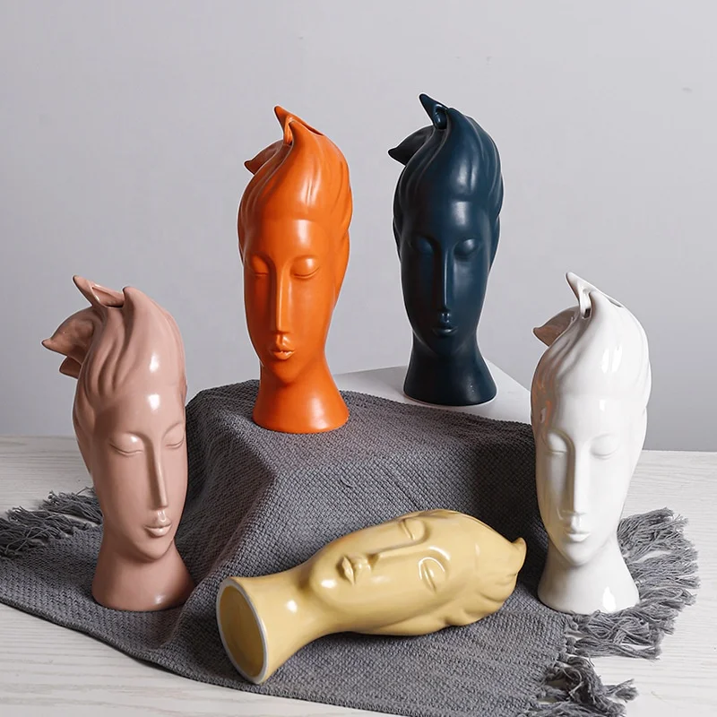 

2021 new arrival creative long human face design fake flower ceramic vase vintage retro handmade flower vase, Blue , white , orange , yellow , pink