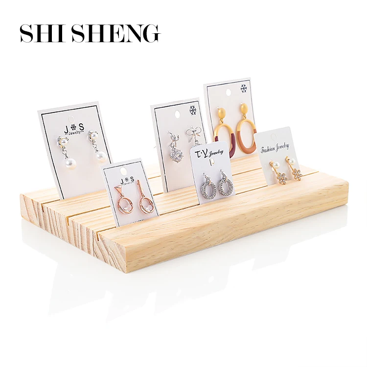 

SHI SHENG Jewelry Display 3 Slot Necklace Charms Props Card Tray Earrings Card Shelf Storage Jewelry Rack Solid Wood Tray Stand, Beige