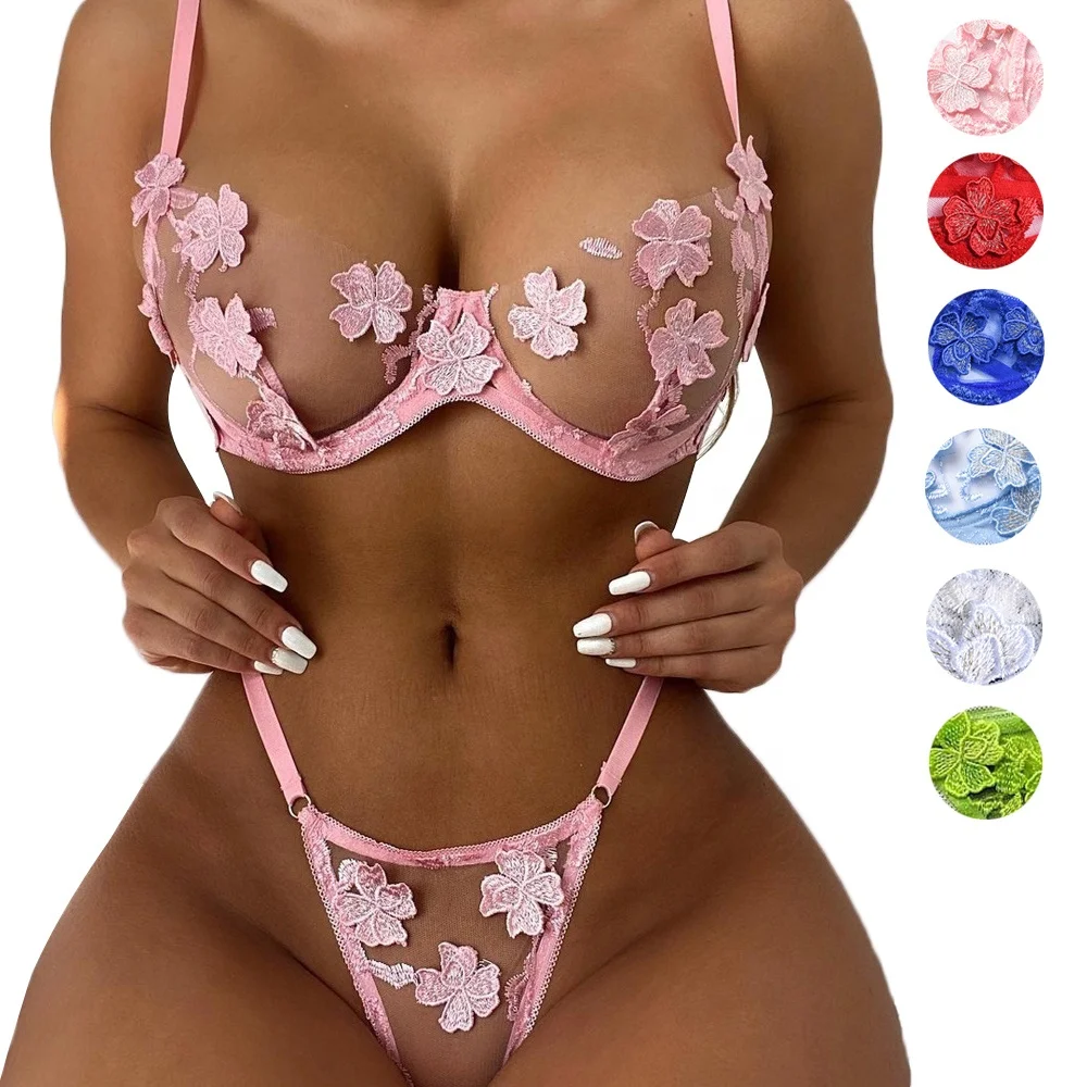 

Quality 13 Color Flower See Through Bridal Lingerie Set Pink