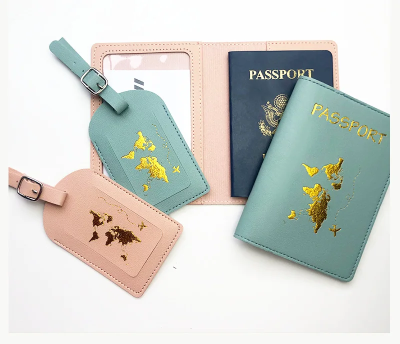 

2023 Map Gold Logo luggage Tag Travel wallet Passport Holder PU Leather Passport Holder Cover And Luggage Tag Set