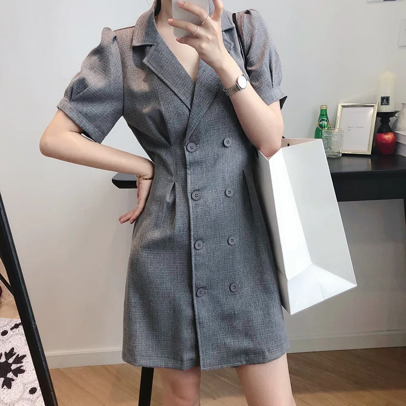 

2021 New design custom women mini short sleeve v neck formal office blazer dress for ladies