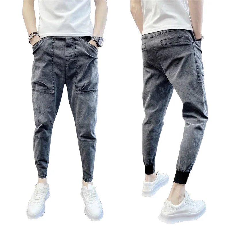 

Men Summer ankle cropped low rise slightly jeans with casual Korean style trendy. Elastic cuffs