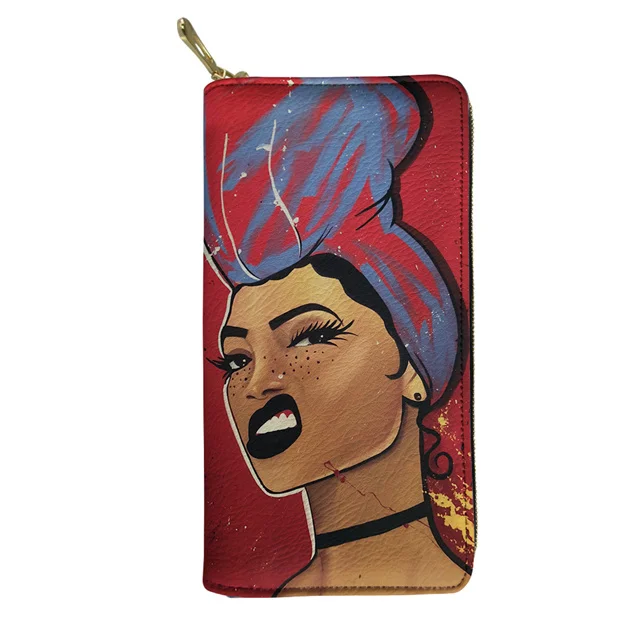 

African American Profile Girl Printed Woman Purse Ladies Wallet Soft Leather Multi Card Holder Wallet, Elegant Clutch Long Purse, Customized/multicolors