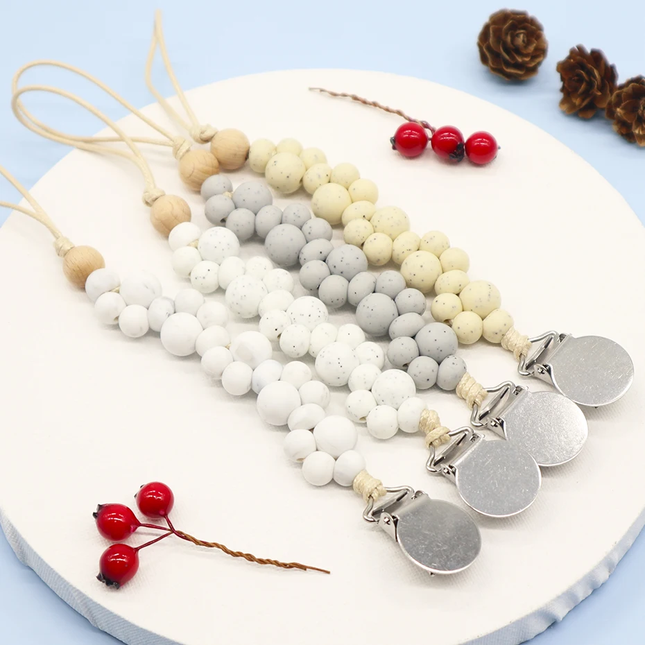 

DIY Silicone Beaded Soother Packaging Chewable Clip Dummy Holder Baby Wooden Pacifier Chain, Optional