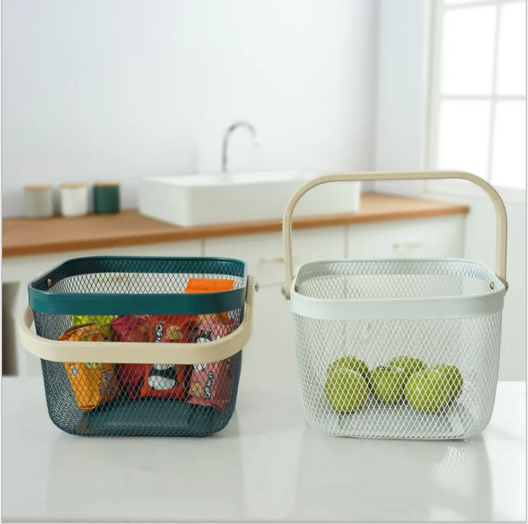 

Multipurpose Japanese European Style bathroom metal square wire mesh basket bamboo wood handle, Blue,yellow,pink