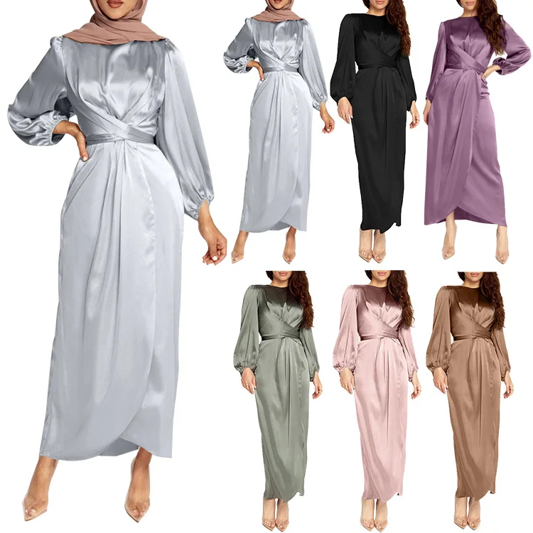 

Women Arab Muslim Satin Puff Long Sleeve Maxi Dress Solid Cross Wrap Front Self-Tie Waist Abaya Dubai Turkey Hijab Robe Kaftan
