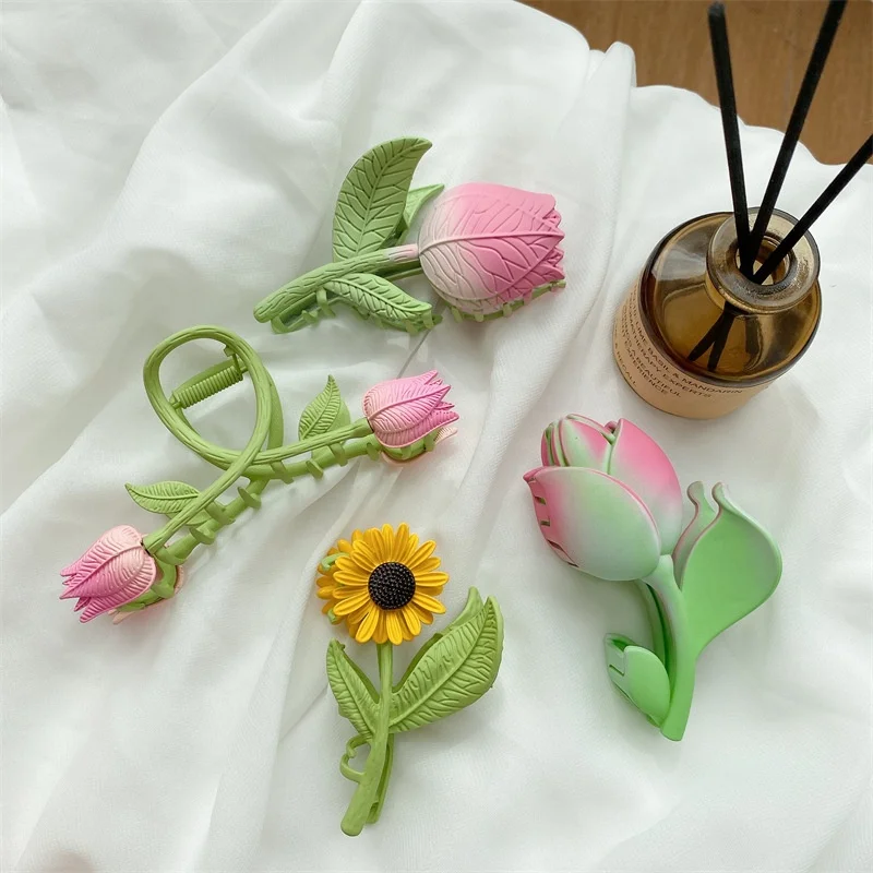 

Newest fancy flower hair claw metal material tulips and sunflower claw clips for fashion lady