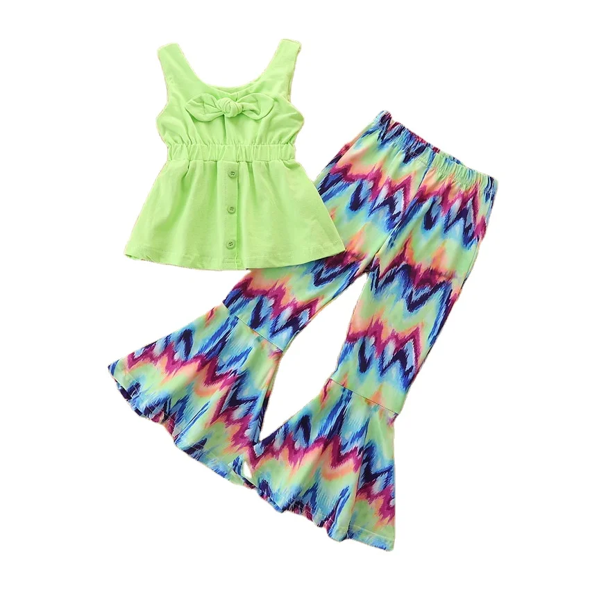 

Wholesale Girls Western Style Summer Children's Tank Top + Floral Flare Pants 2-pieces kids clothing sets 2002 party wear, As pictures or customized color