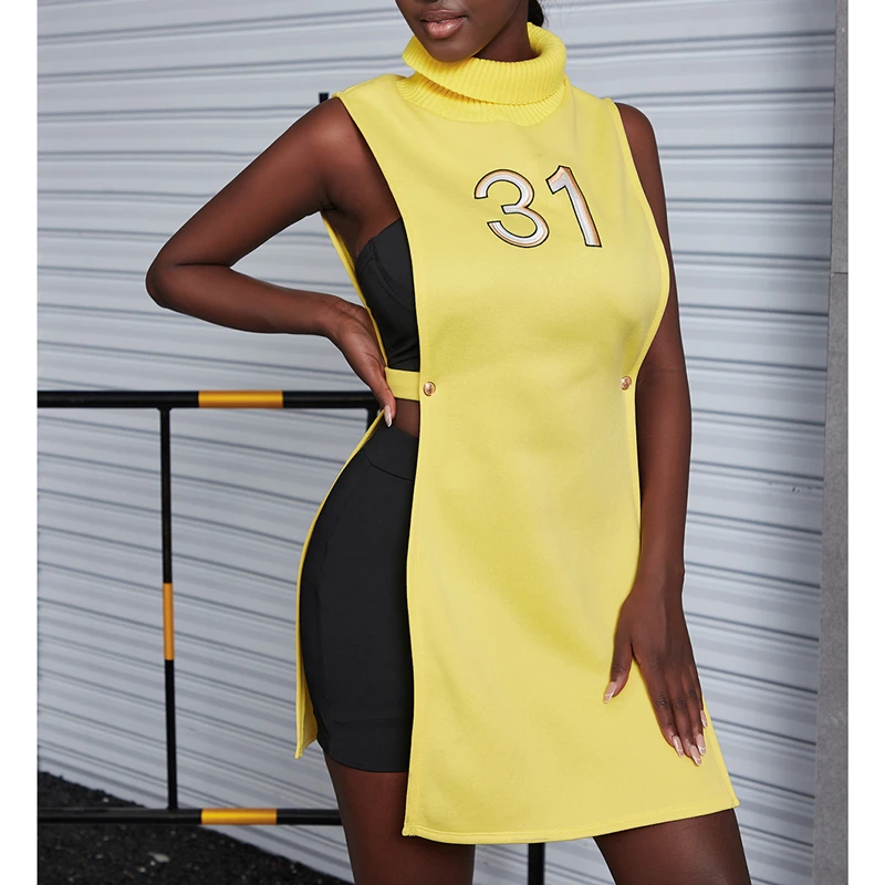

K21D11411 Fashion Embroidery Slim Party Dresses Sleeveless High Neck Side Hollow Women Casual Dress