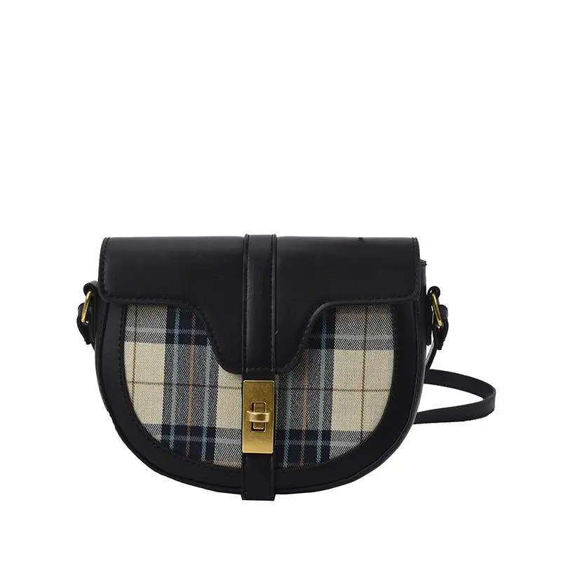 

2021 New trendy saddle bag popular plaid slanted hit color one-shoulder bag