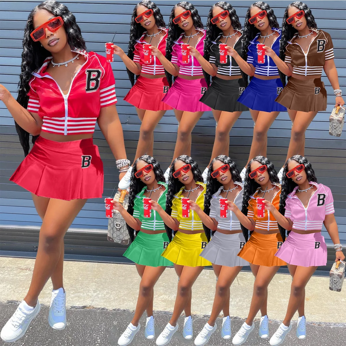 

LANOZY Wholesale 2022 Summer Women Outfit Letterman Varsity Jacket Baseball Letter Print Sports Two Piece Skirt Short Set, 10 colors