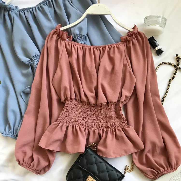

Off Shoulder Chiffon Blouse Spring Summer New Slim Elastic Waist Long Sleeves Ruffled Collar Shirts Tops