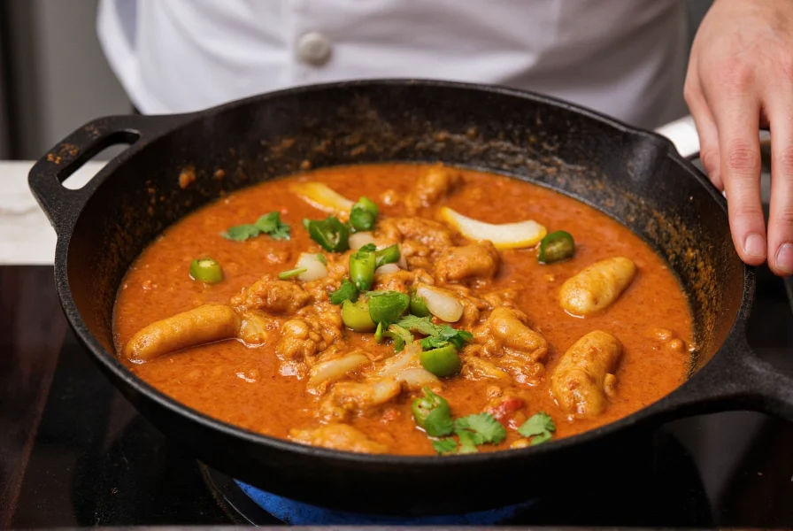 Chef preparing traditional Peruvian sauce with fresh manzano peppers, onions, and garlic in cast iron skillet