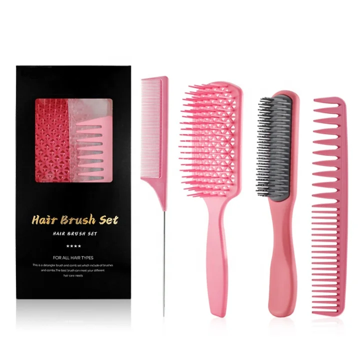 Factory Price Custom Logo Packaging 4Pcs Hair Brush Comb Set Professional Detangle Wholesale Detangling Hair Brush Set