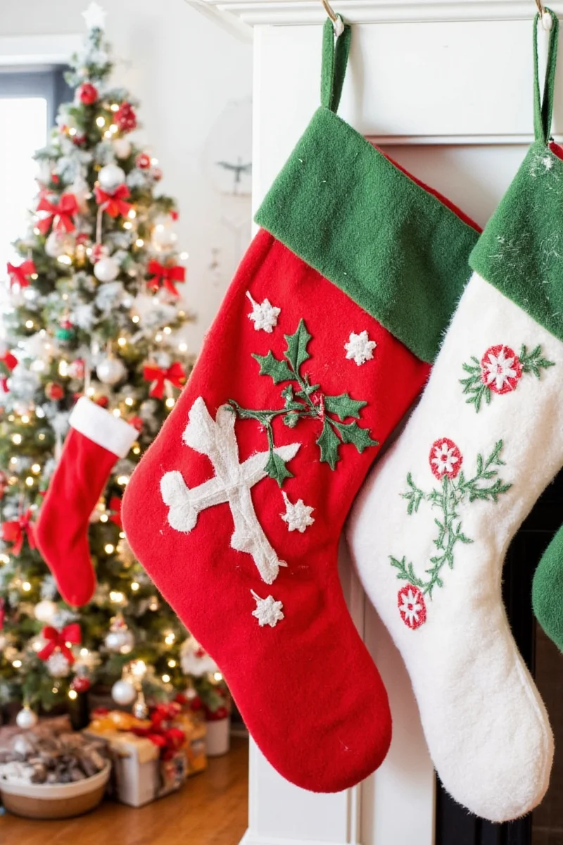 Christmas stockings on a tabletop stand