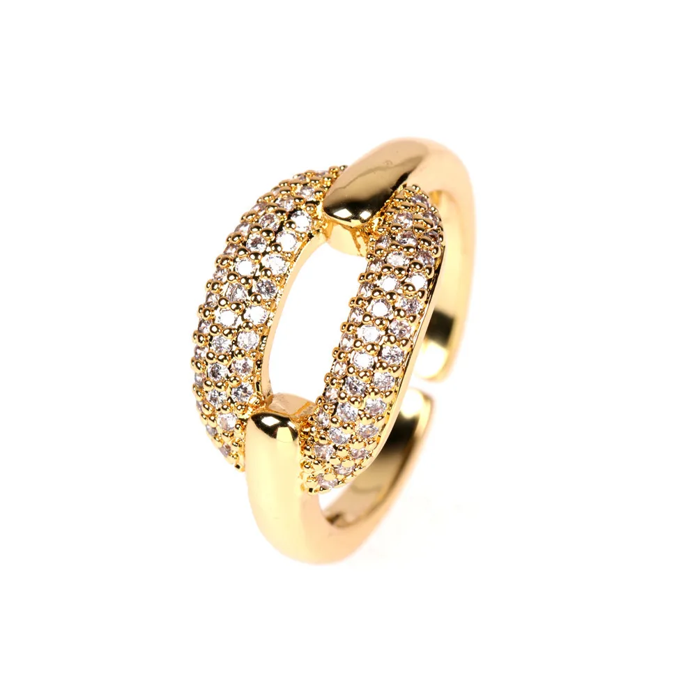 

2021 Newest Trendy Jewelry Geometric Zirconia Oval Buckle Opening Ring 18k Gold Plated Pave Cubic Zircon CZ Ring, Gold silver