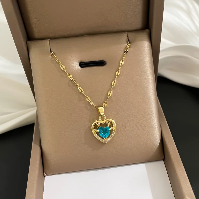 

Blue Ocean Heart Natural Crystal Stone Pendant Necklace Women Fashion Jewelry 18k Gold Plated Heart Necklace Collar