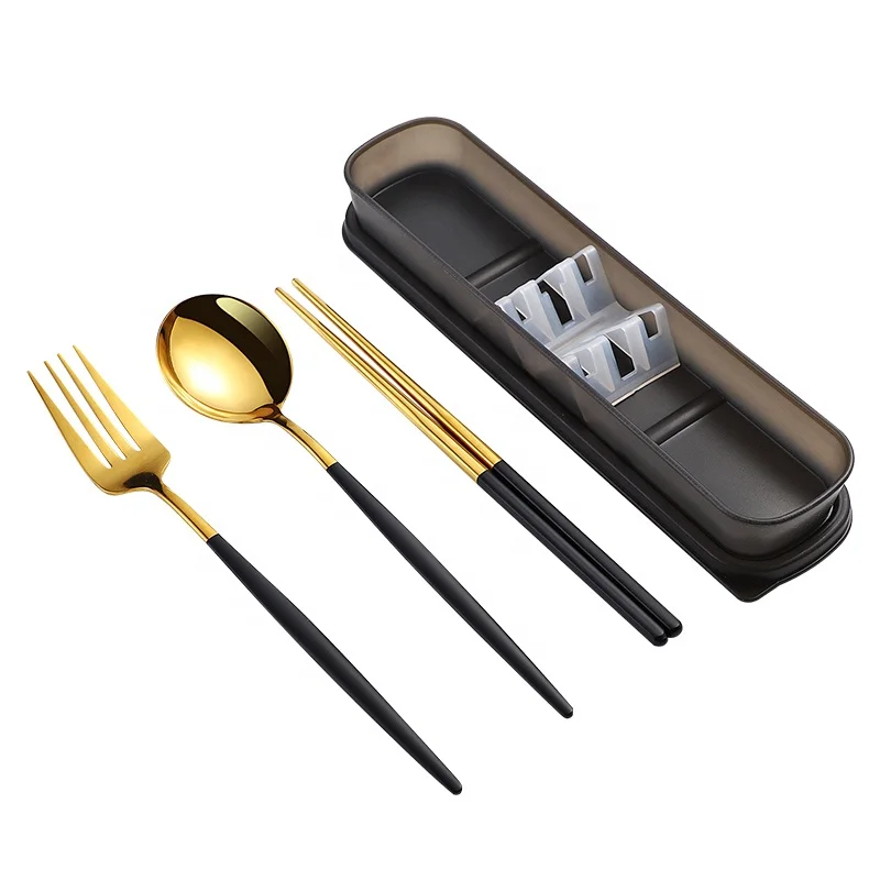 

Reusable camping Cutlery Metal fork spoon chopsticks Portable Travel Cutlery Set with case, Silver,gold