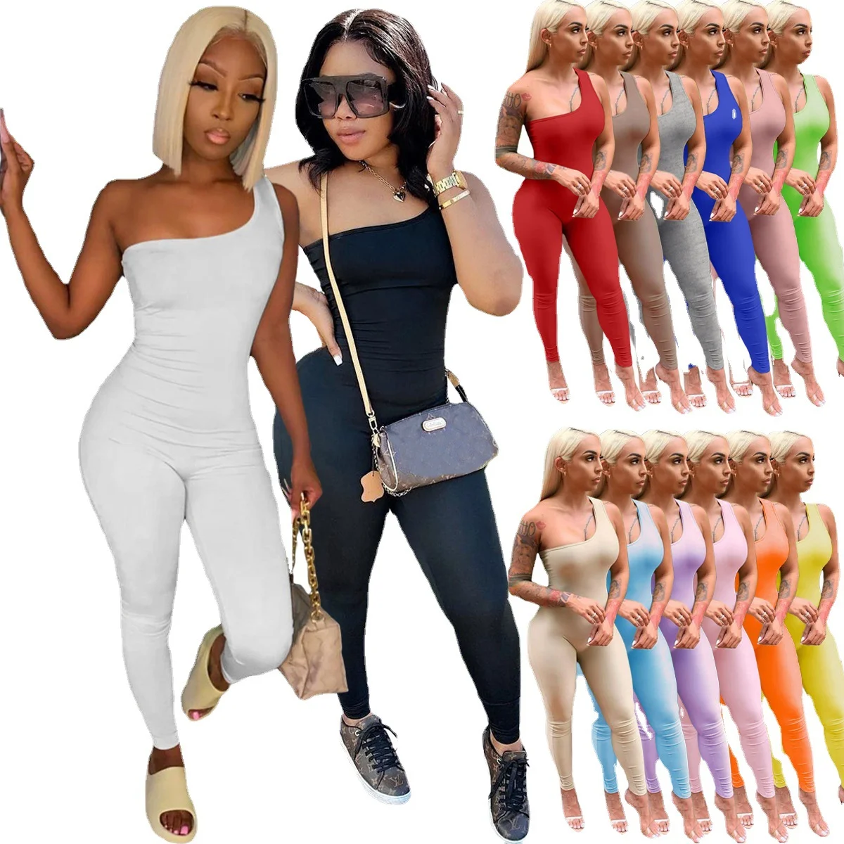 

Women one shoulder solid color bodysuit slim fit yoga jumpsuit
